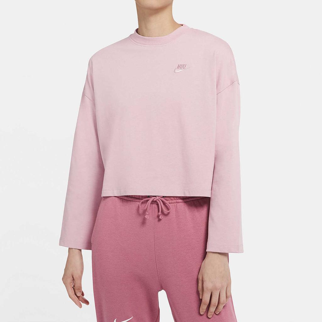 Nike Sports Lifestyle Series Solid Color Logo Embroidered Round Neck Long Sleeve T-Shirt Women Tops Pink CZ3557-516