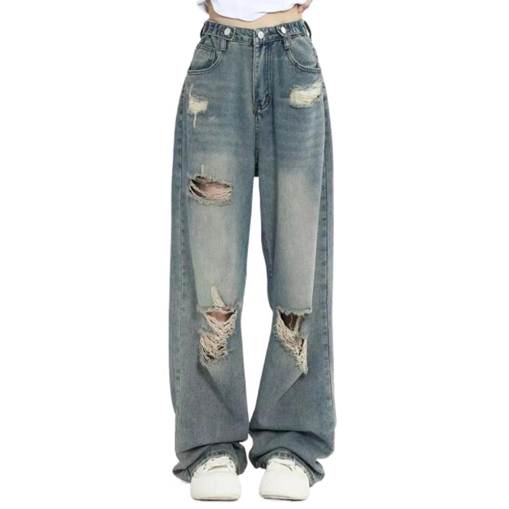 Retro Dżinsy z dziurami Damskie Wysoki stan Luźny krój z prostym krokiem Slim Design High-street Szerokie nogawki Długie spodnie