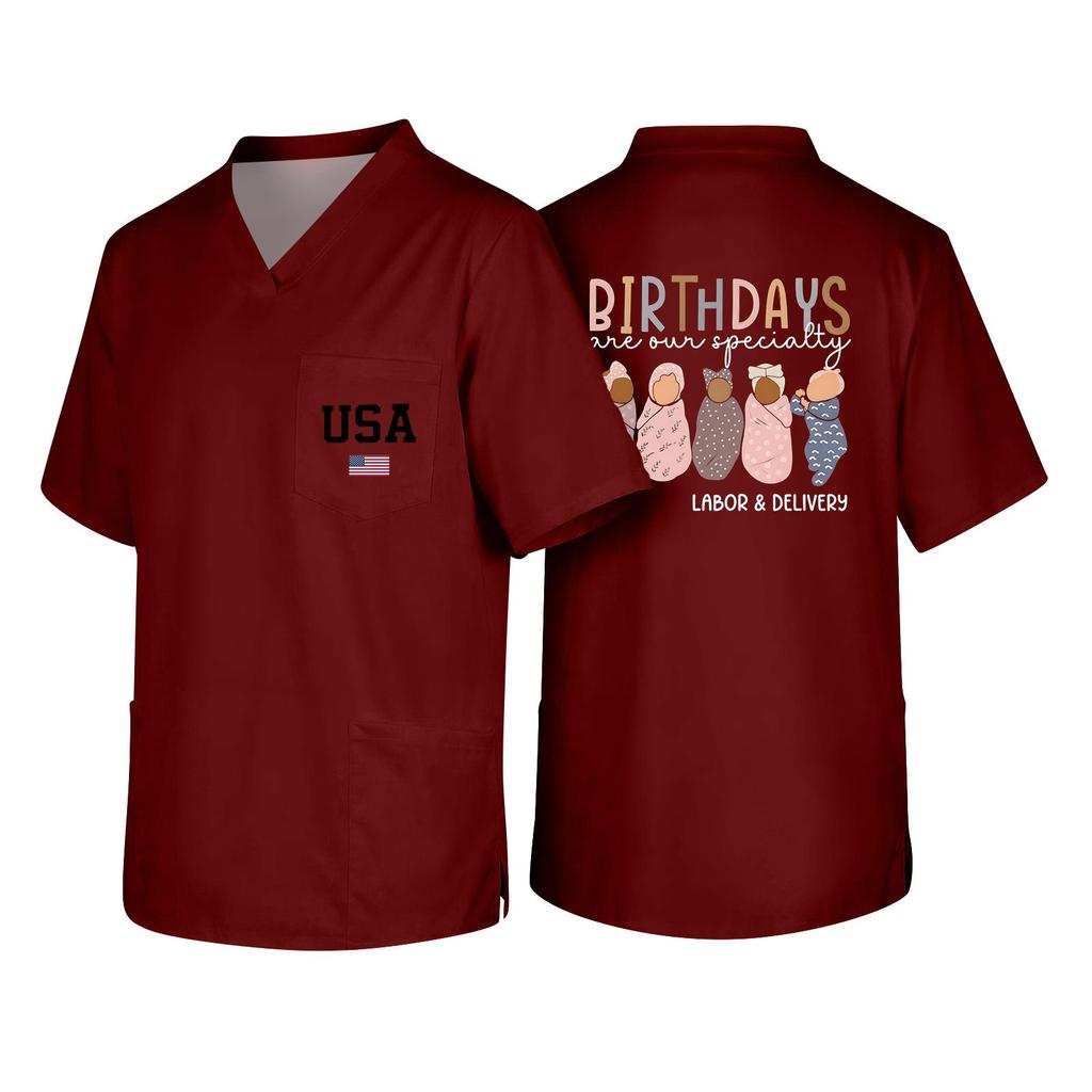 Men's Short Sleeve V-Neck Scrub Top with Pocket - Labor Day Fun Print - Uniform Tunic