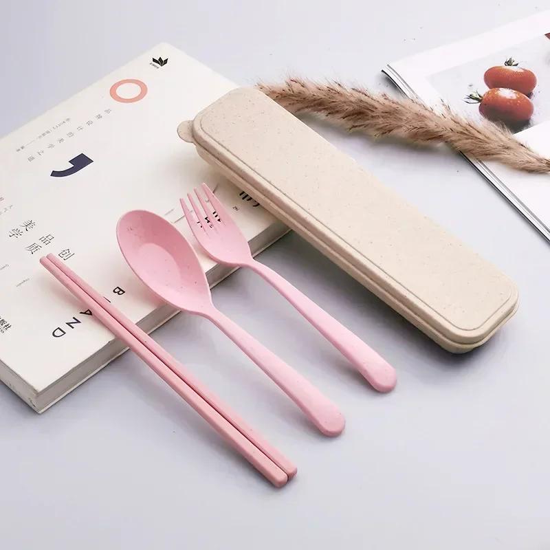 Tableware Set - Spoon, Chopstick, Fork with Storage Case and Goodie Bag, Children Day Gift, Wheat Straw
