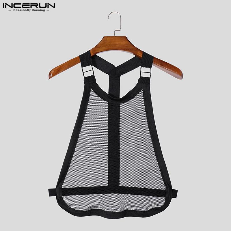 INCERUN Men Sleeveless Tank Tops Party Club Backless Hollow Mesh Vest