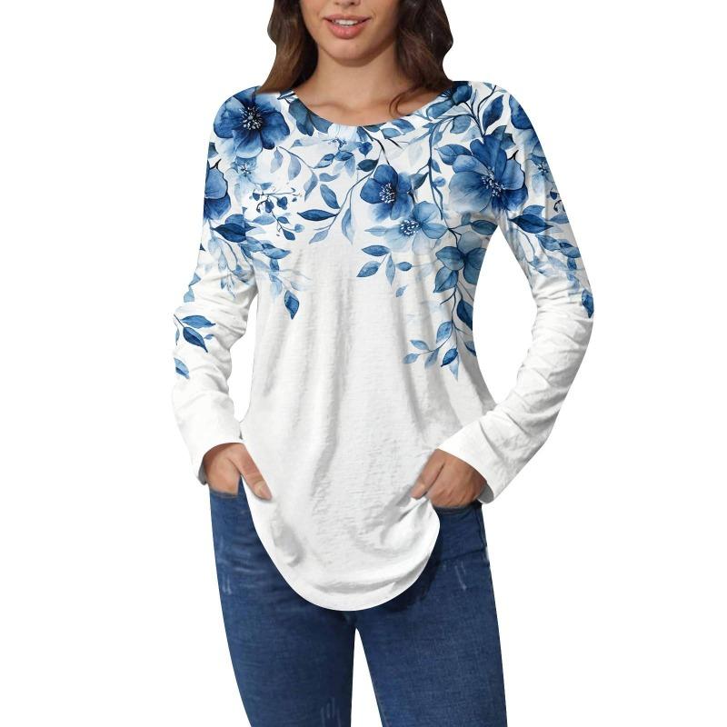 Shirts for Women Cute Vintage Pattern Print T-Shirt Long Sleeve Tunic Tops Cotton Pullovers T-Shirts Women’s