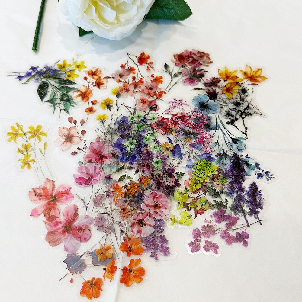 50 PCS Ink Flower Stickers Pack Transparent PET Booklet Flower Material Decorative Guitar Notebook