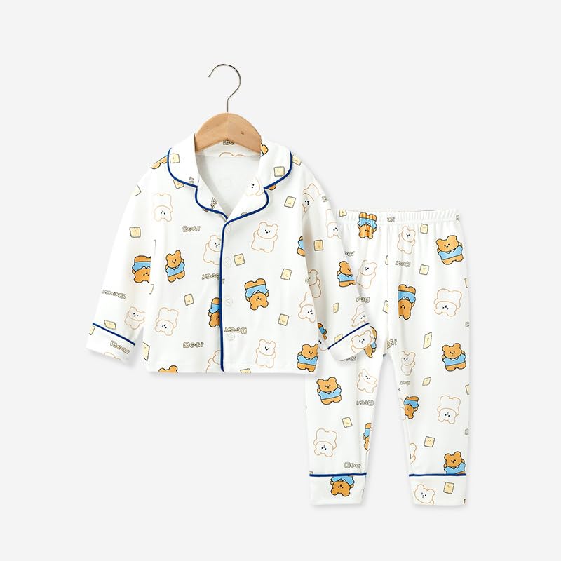 Jaydyequ Baby Pajamas for Long Sleeve Loungewear Front Bear 110cm Boys, Spring/Autumn/Summer, Set, Kids' Roomwear, Gift, Buttons, Print, Blue,