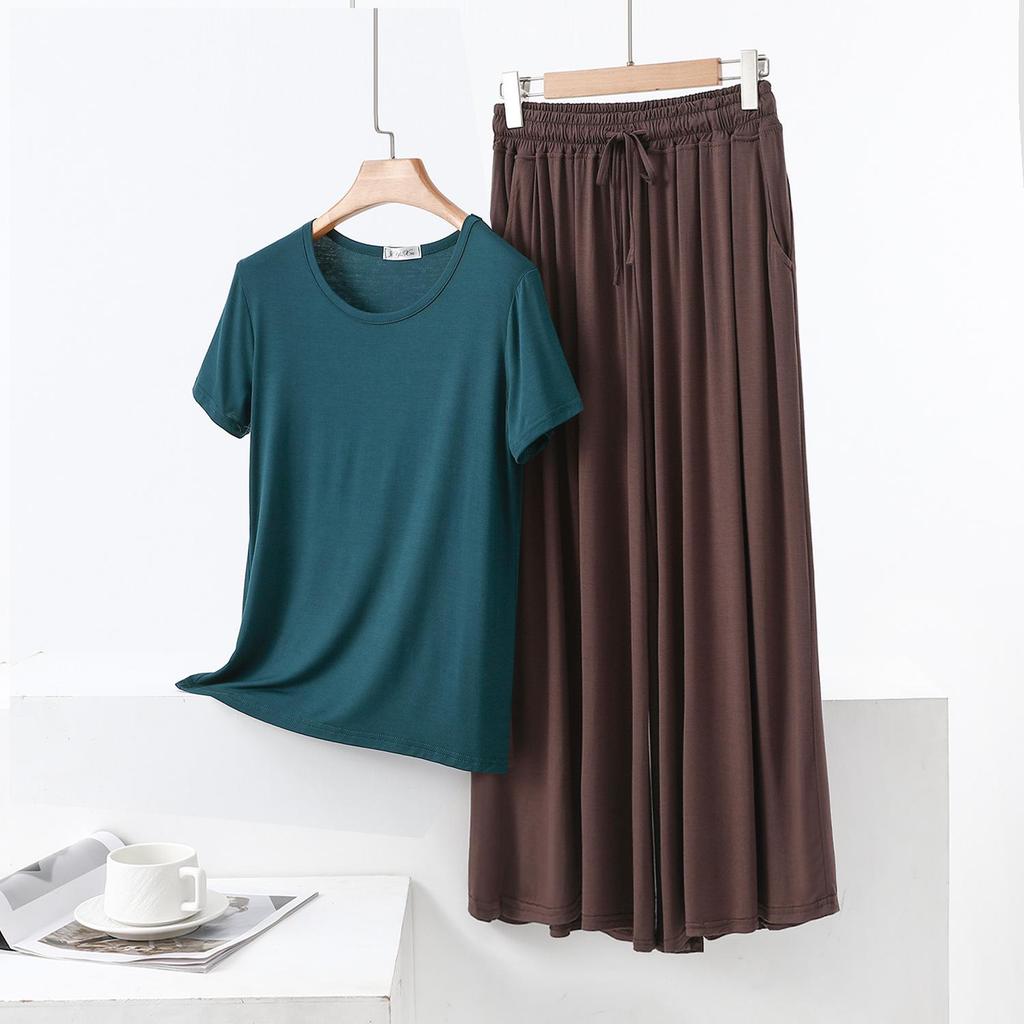 Color Block Cotton Crew Neck Two-Piece Set: Short Sleeve Top & Wide Leg Drawstring Pants