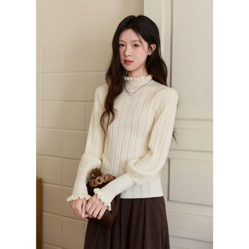 Women's Ruffle Trim Mock Neck Ribbed Knit Pullover