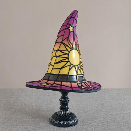 Stained Glass Witch Hat Lamp, USB Powered Night Light for Bedroom Shelf Decor, Halloween Warm Glow Gothic Table Lamp for Home