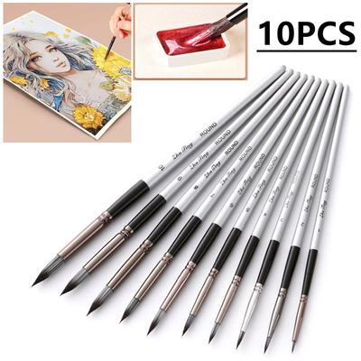 10 Pcs Art Painting Brushes Set, Professional Nylon Hair Wooden Handle Watercolor Oil Acrylic Paint Brush Pen Drawing Tool
