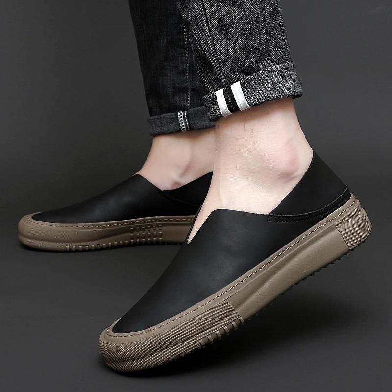 Fashion New Genuine Leather Mens Shoes Fashion Slip On Rubber Outdoor Sneakers Mocassins Handmade Male Loafers Soft Casual Leather Shoes