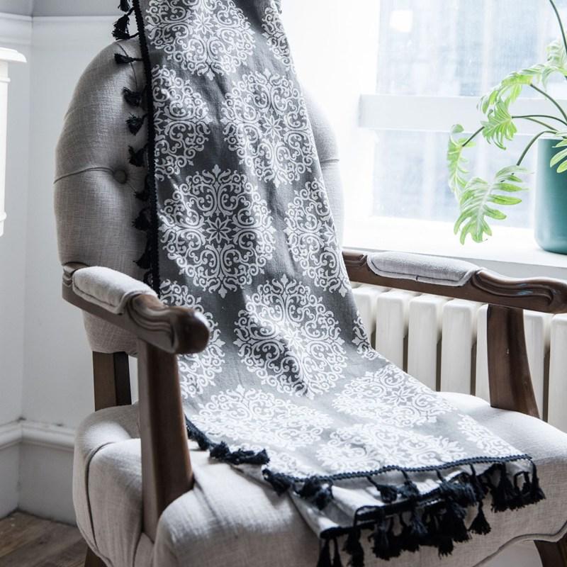 Flower Gray Printing Black Tassel American Style Small Window Kitchen Curtain Cotton Linen Home Decoration Semi-shading Drapes