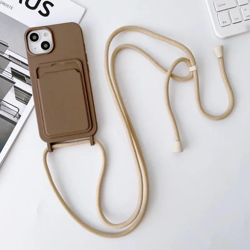 Étui de téléphone avec lanière Cordon pour IPhone 16 15 14 Plus 13 12 11 Pro Max XS XR Pochette pour cartes en silicone Housse anti-chute IPhone 14 café