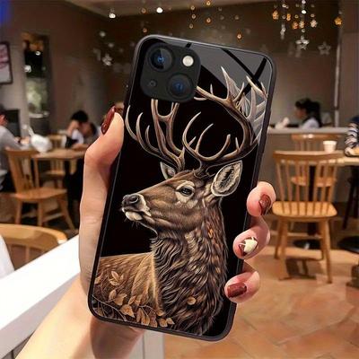Cute Brown Deer Pattern Tempered Glass Black Phone Case For Samsung Galaxy S25 S24 S23 Ultra Plus FE Shockproof Cover