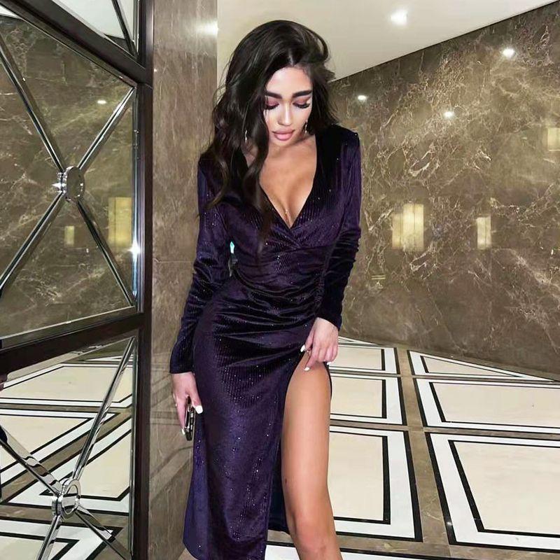 Banquet V-neck Slim-Fit Long Sleeve Dress Evening Dress