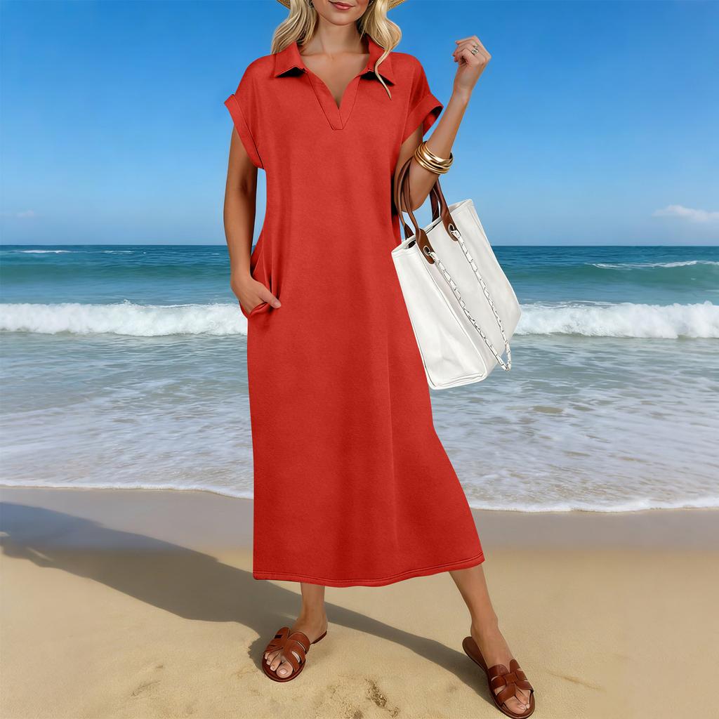 Letnia Casualowa Sukienka Midi Damska z Krótkim Rękawem i Dekoltem V, Luźny Krój, Rozcięcie na Dole, Sukienka T-Shirtowa Maxi na Plażę i do Kurortu