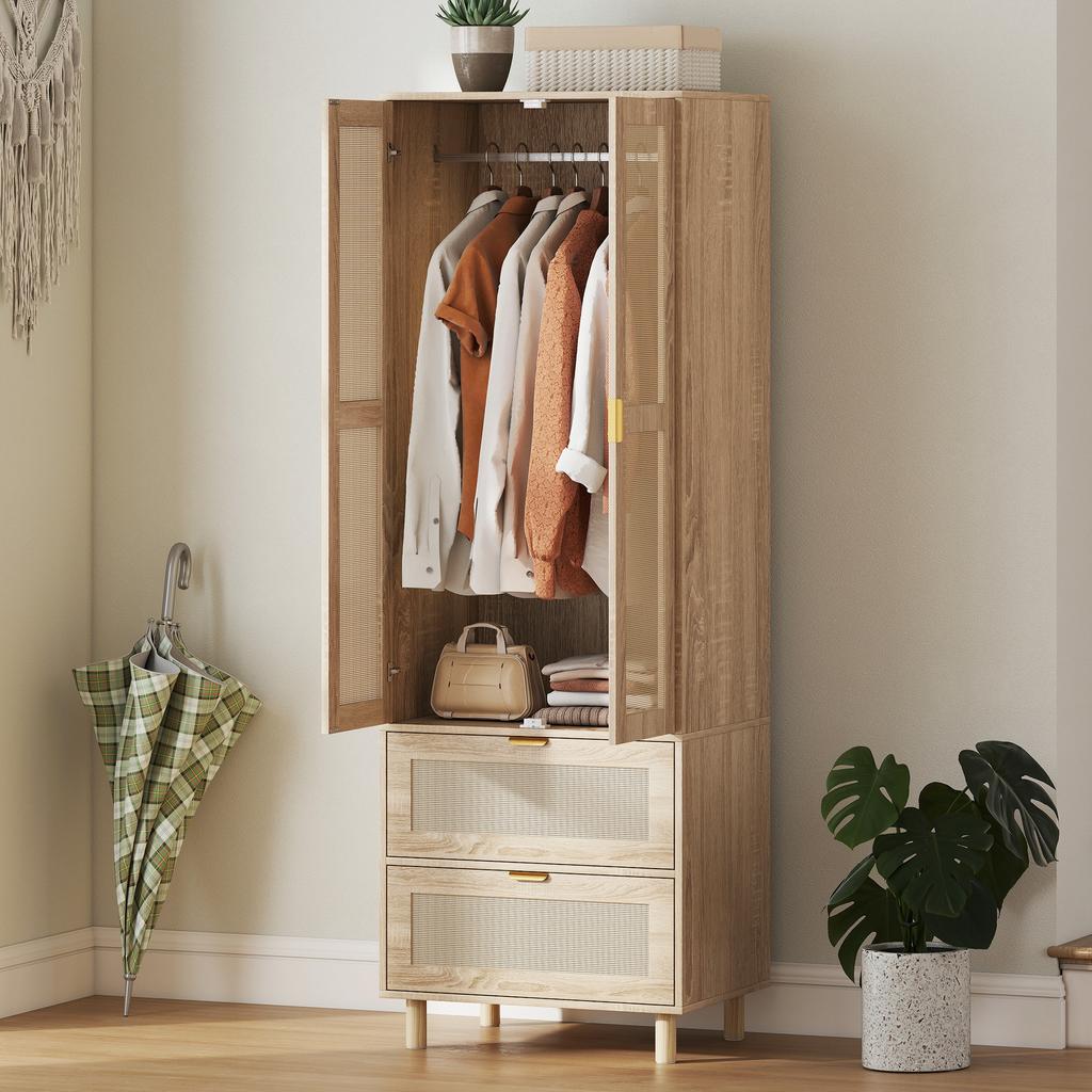 Bedroom Wardrobe with 2 Rattan Doors, 2 Drawers and Hanging Rail, 63 X 47 X 185 Cm, Natural Wood