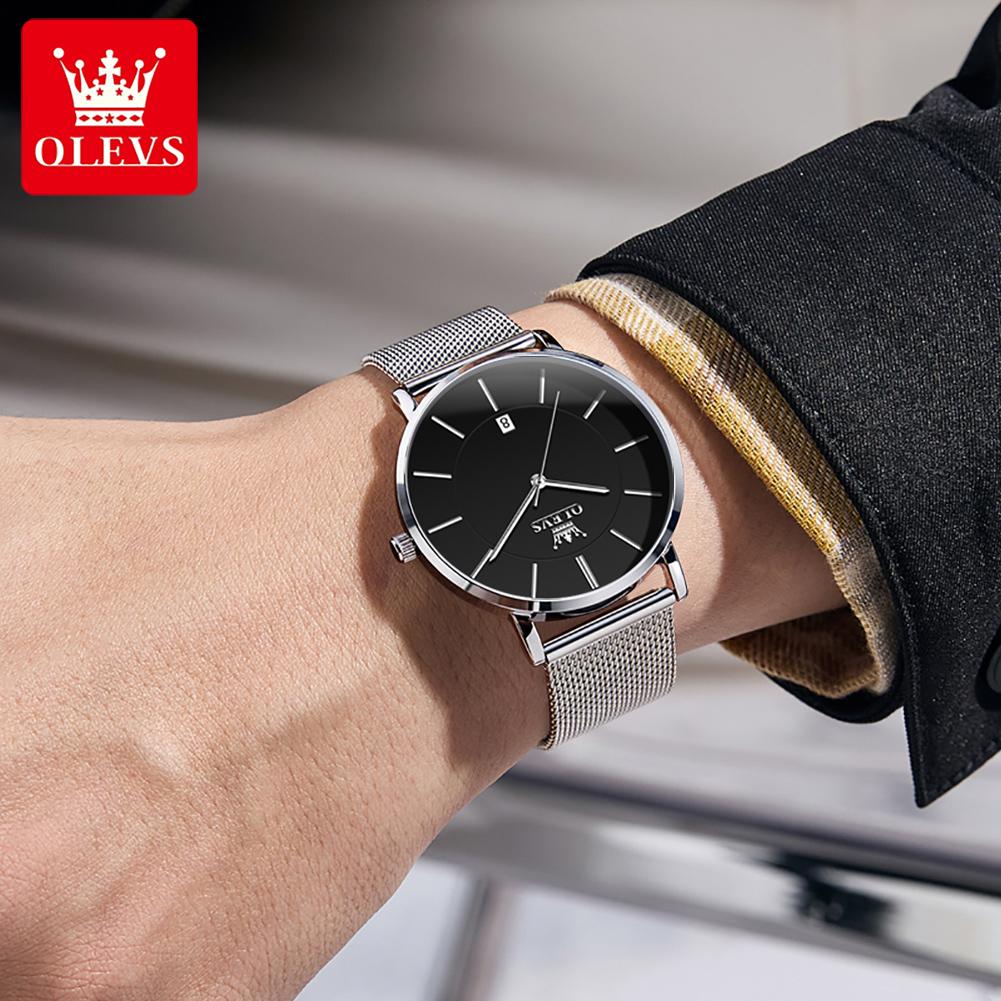 OLEVS Ultra Thin 6.5mm Minimalist Fashion Quartz Watch for Men Mesh Steel Strap Auto Date Waterproof Men Wristwatches