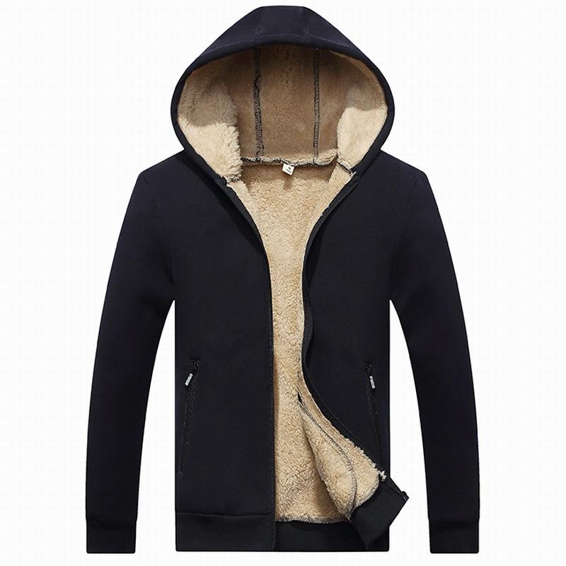 Winter Fleece-Lined Thickened Hoodie for Men Shearling-Lined Pure Cotton Cardigan Warm-Weather Outerwear Solid-Colour Hooded Fleece-Lined Sweatshirt