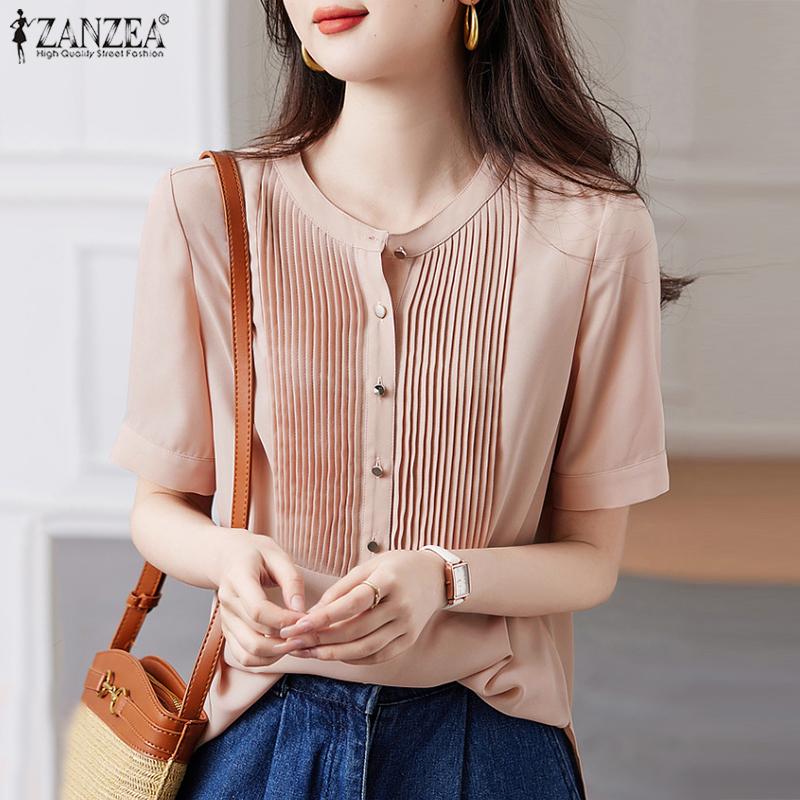 

ZANZEA Женская летняя повседневная блузка с круглым вырезом и короткими рукавами, летняя плиссированная блузка