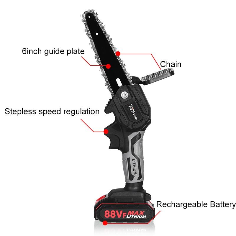 6 Inches 88V 3000W Mini Electric Chain Saw With 1/2Pcs Battery Rechargeable Woodworking Pruning Saw One-handed Garden 3000W