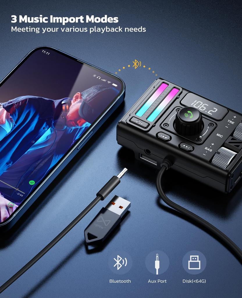 MT02 Bluetooth 5.3 Transmițător FM Wireless Îmbunătățire Sunet pentru Apelare Hands-free Reducere Zgomot DSP Încărcător Auto Adaptor PD Tip-C