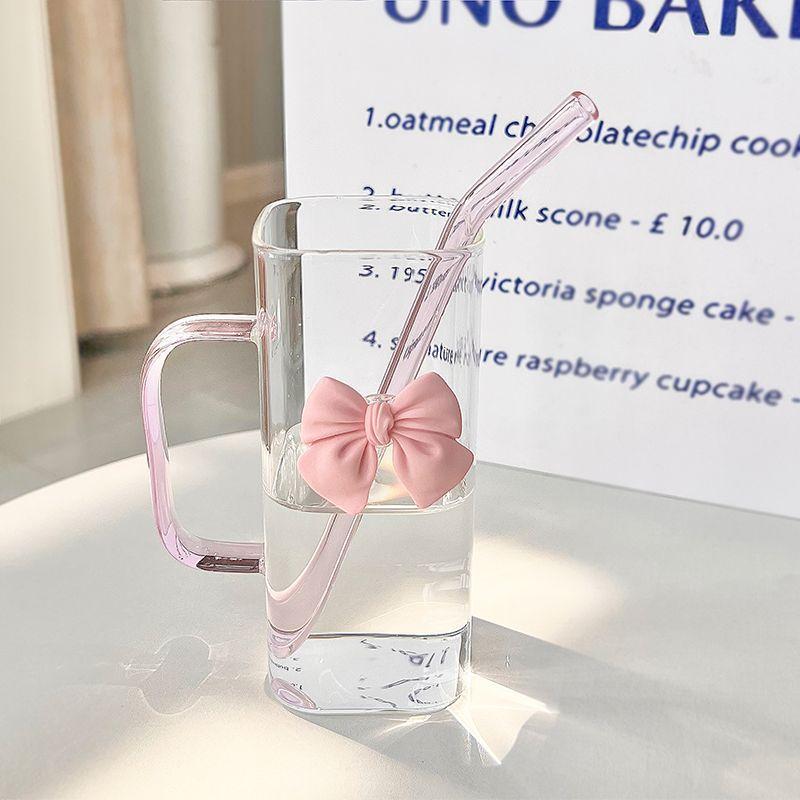 350ML Square Mug with Lids and Straws with Bow Water Cup Transparent Cup Milk Coffee Cups Glass Mug High Temperature Drinkware