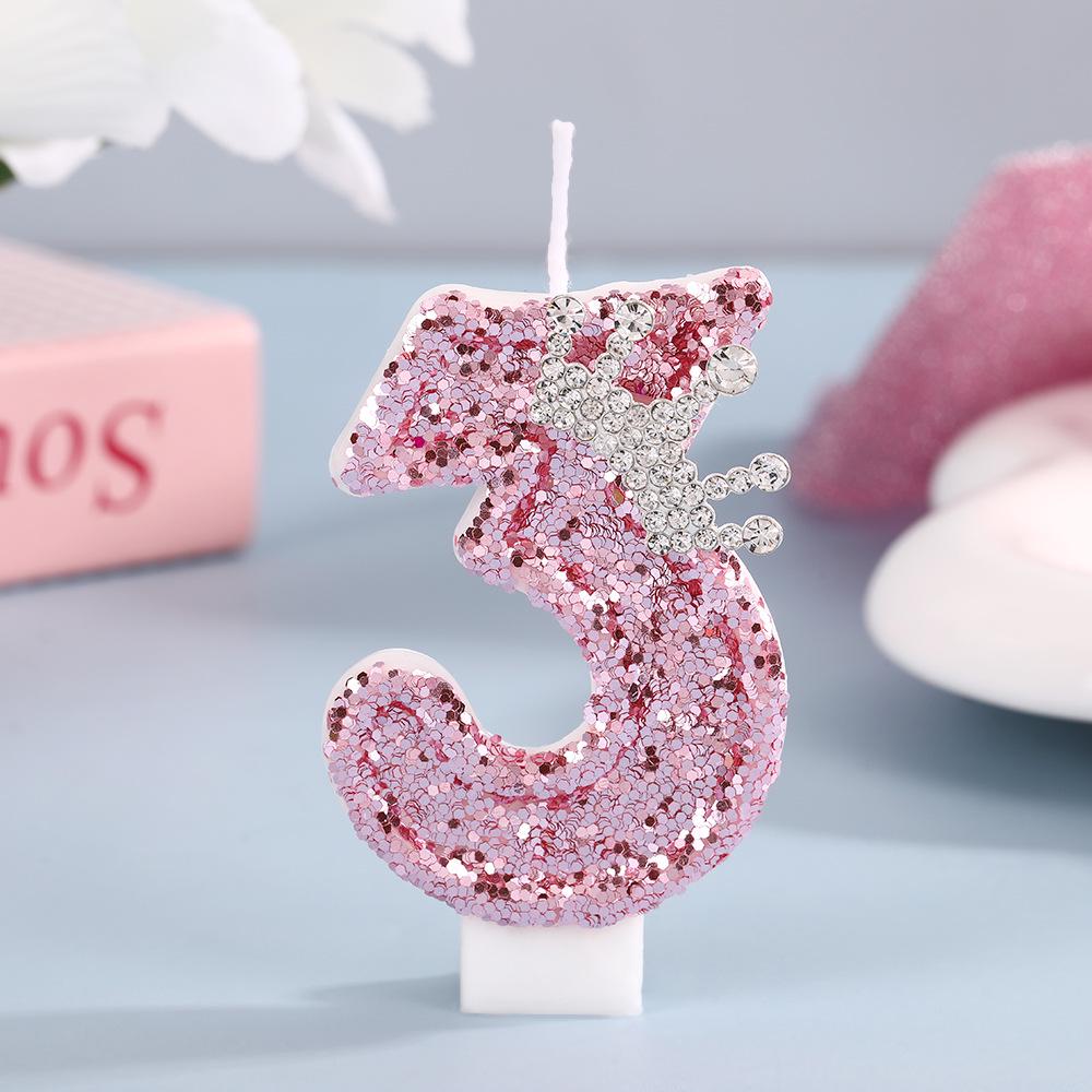 High-End Pink Glitter Crown Number Candle for First Birthday Cake Decoration