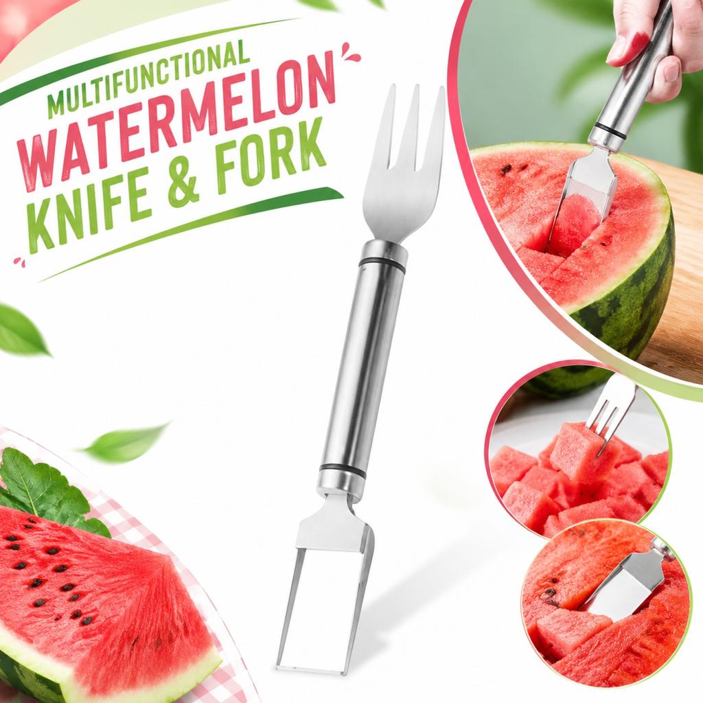 Multifunctional Kitchen Tool 2 in 1 Watermelon Cutter and Fork Stainless Steel Fruit Slicer and Server for Easy Fruit Preparation and Serving