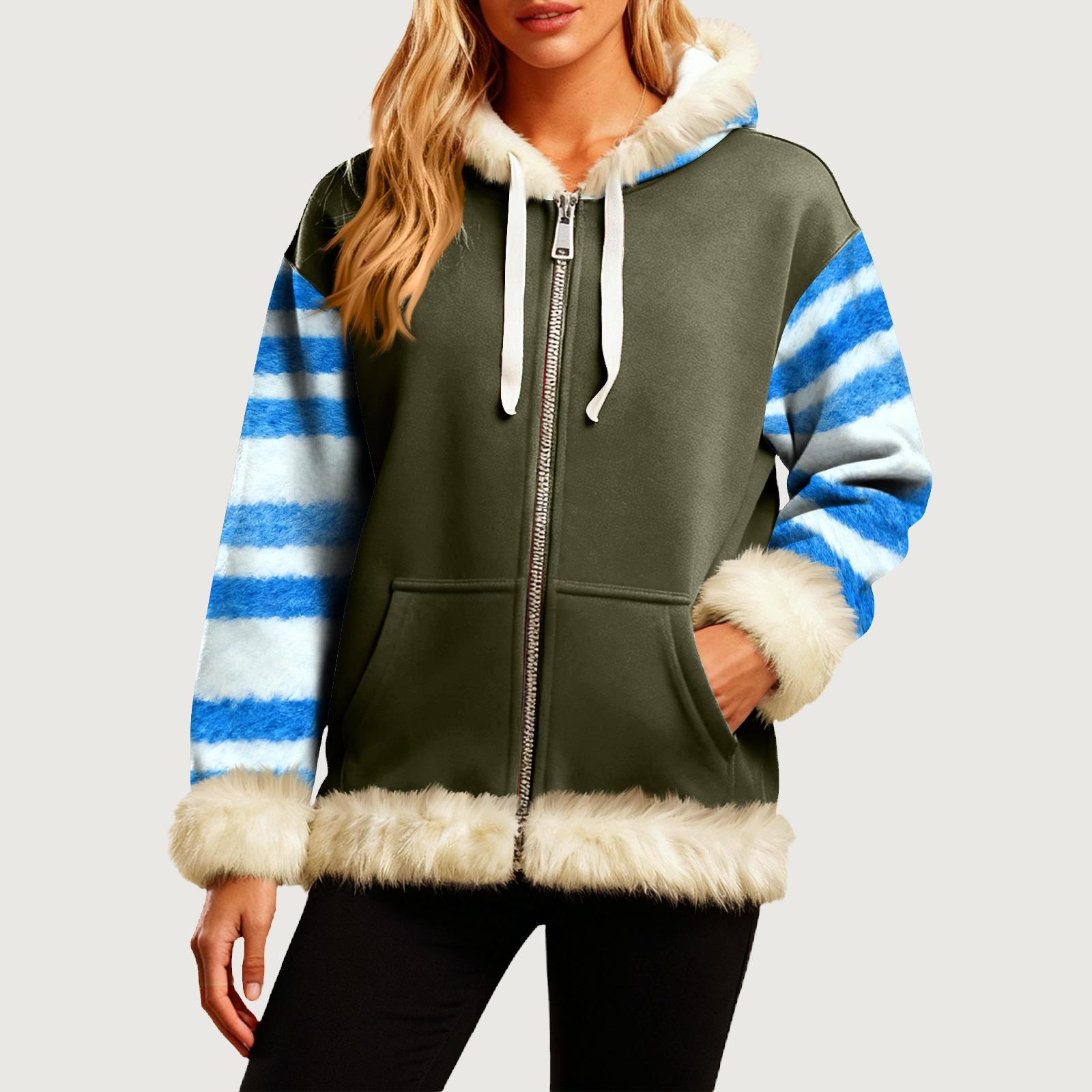 

Женская Удобная Свободная Модная Повседневная Толстовка-Куртка с Длинным Рукавом, Карманами и Капюшоном с Полосатым Принтом L