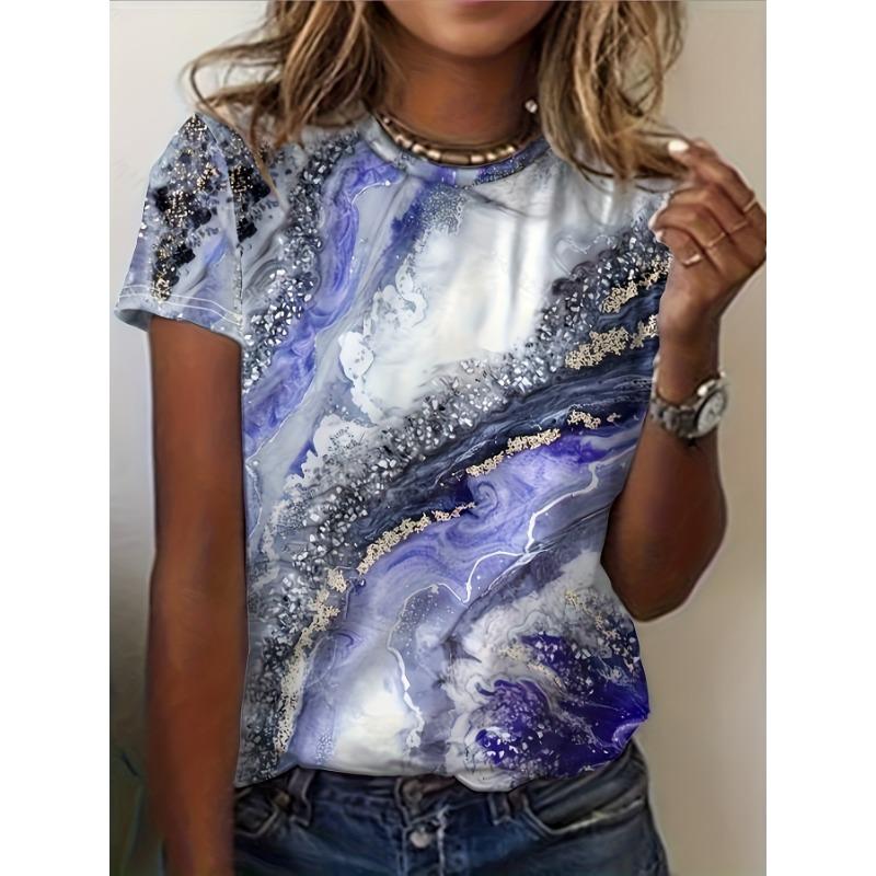 Summer new fashion ladies 3D printed round neck short sleeves