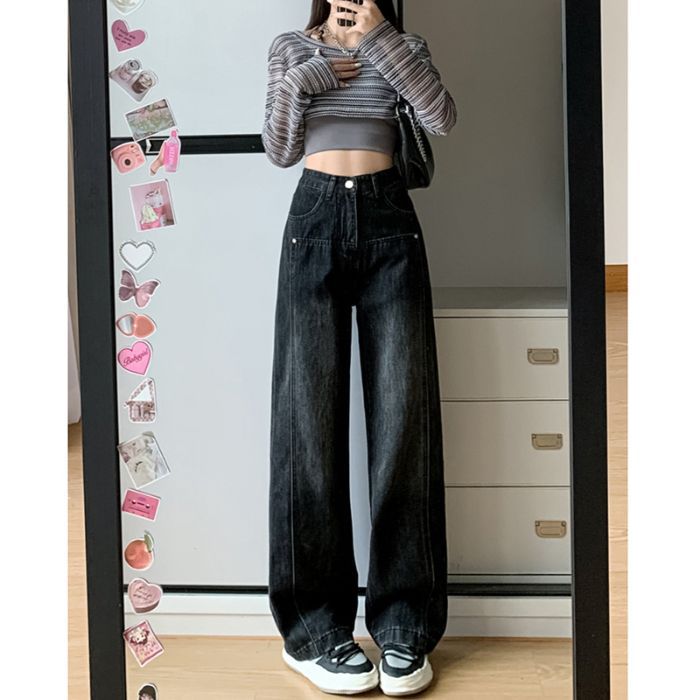 

Black and gray jeans women s spring and autumn high-waisted wide-leg pants spring hip-covering and thin loose straight-leg floor-mopping 2XL