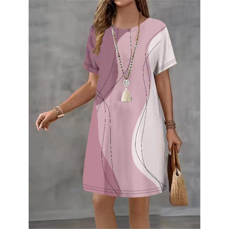 Women Dress Stripe Gradient Printing Design Sense Pattern New Summer Elegant A-Line Short Sleeve Dress Casual Mini Dress