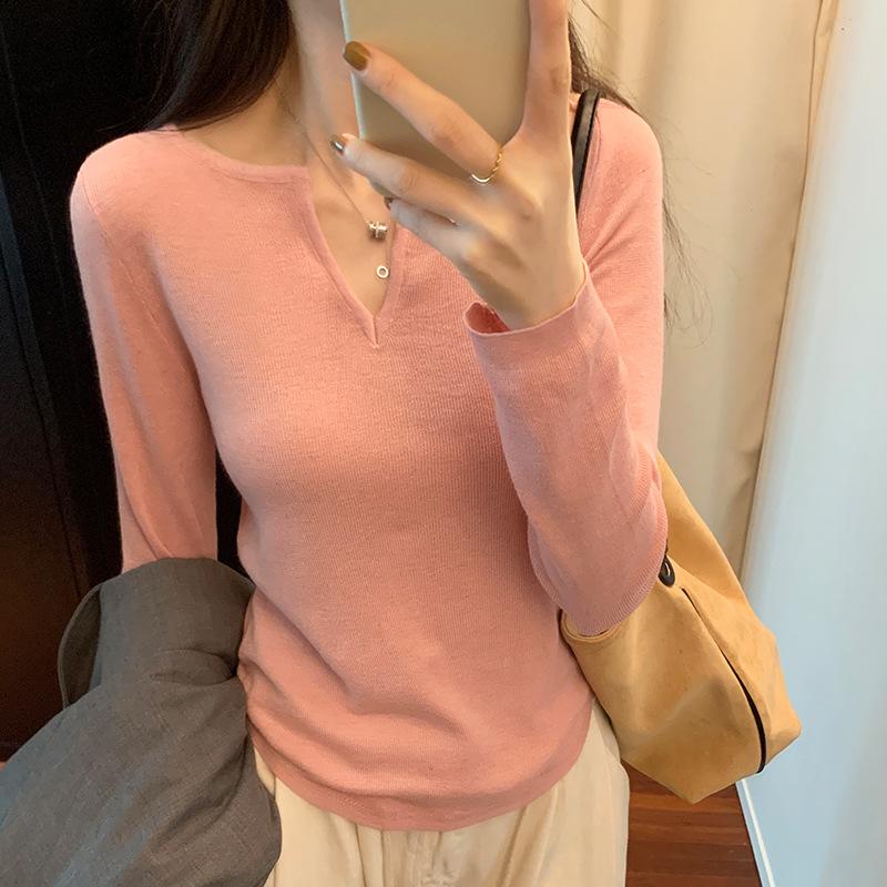 Lazy Style V-neck Pullover Long-sleeved Sweater for Women Autumn and Winter New Slim Fit Inner T-shirt Bottoming Shirt Trendy