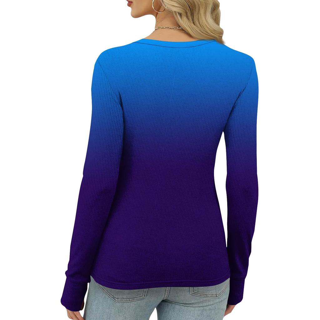 Women's And Winter Slim Bottom T-shirt Fashion Casual Gradient Printing Round Neck Pullover Long Sleeve Top