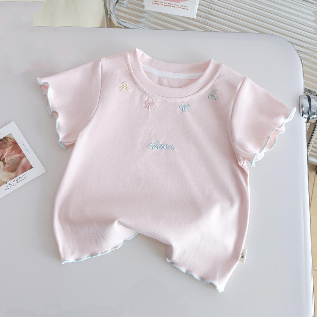 Girls' Bow Embroidered Short Sleeve T-shirt New Summer Children's Round Neck Elastic Slimming Top Baby Pure Cotton Base T-shirt
