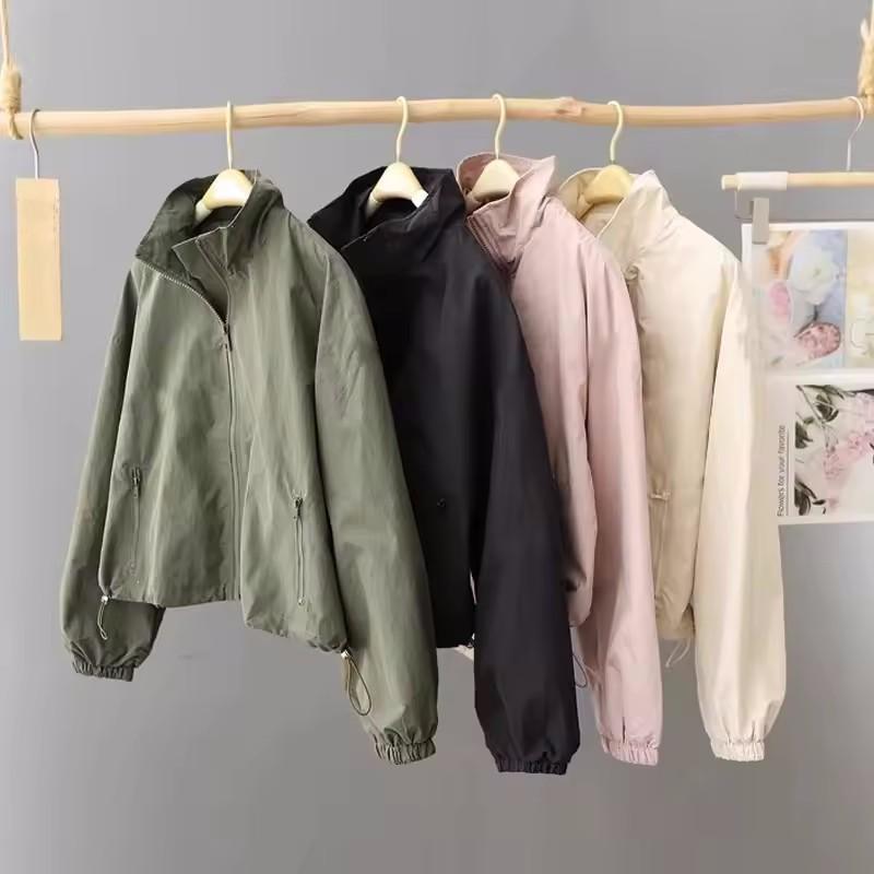 Women's Spring Autumn Thin Cardigan Jacket Zipper Long Sleeve Simple Solid High-necked Female Coat Tops