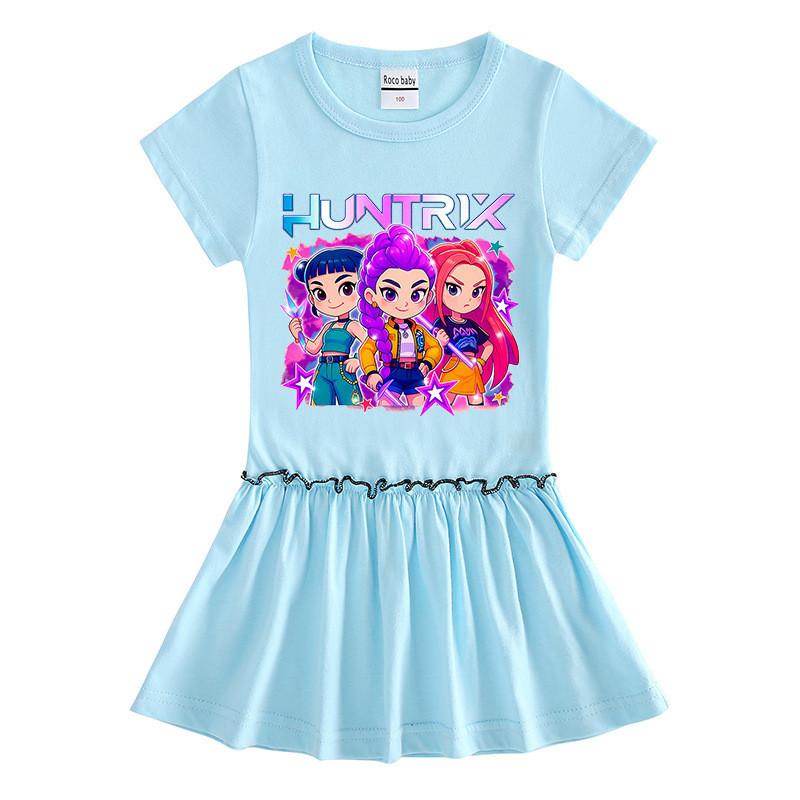 Girls Kpop Rumi Mira Zoey Hunters Print Raglan Ruffle Pleat Dress
