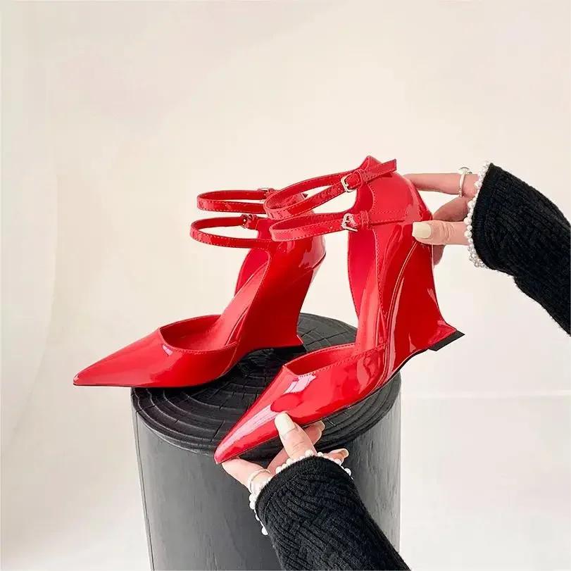 Fashion Red Cherry Wedge High Heels 2024 Pointed Toe Sexy Fashion Mary Jane Pumps Old Money Shoes For Women Ladies