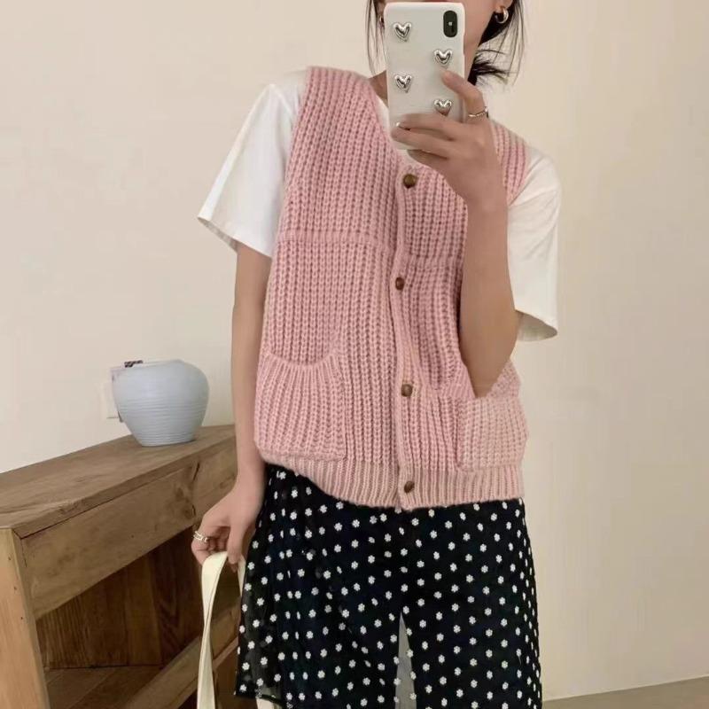 Autumn Retro Solid Knitted Sweater Vest Coat Women Winter Fashion Sleeveless Casual Cardigan Sweaters Woman Elegant Office Lady Knitwear Vests 24820