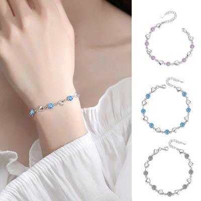 Women Bracelet Heart Shape Charm Blue Rhinestone Adjustable Length Alloy Ocean Theme Wrist Jewelry Holiday Birthday Gift