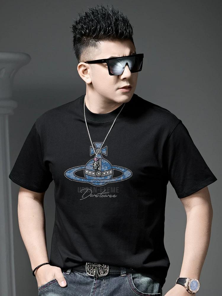 Ozhouzhan Letters Hot Drilling Short Sleeve T-shirt Men's 2025 Summer New Trendy Casual Round Neck T-shirt Top