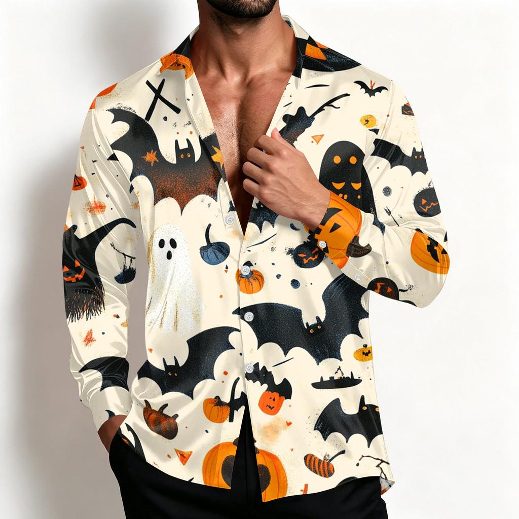 Men's Casual Halloween Shirt Jacket Loose Fit Breathable Turn-Down Collar for Spring and