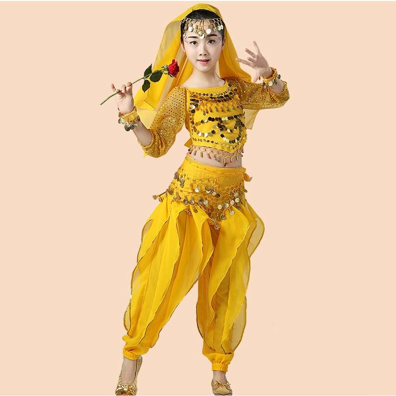 

2 шт./компл., детская индийская одежда для танца живота для девочек, шифоновая танцевальная одежда, одежда для выступлений S жёлтый