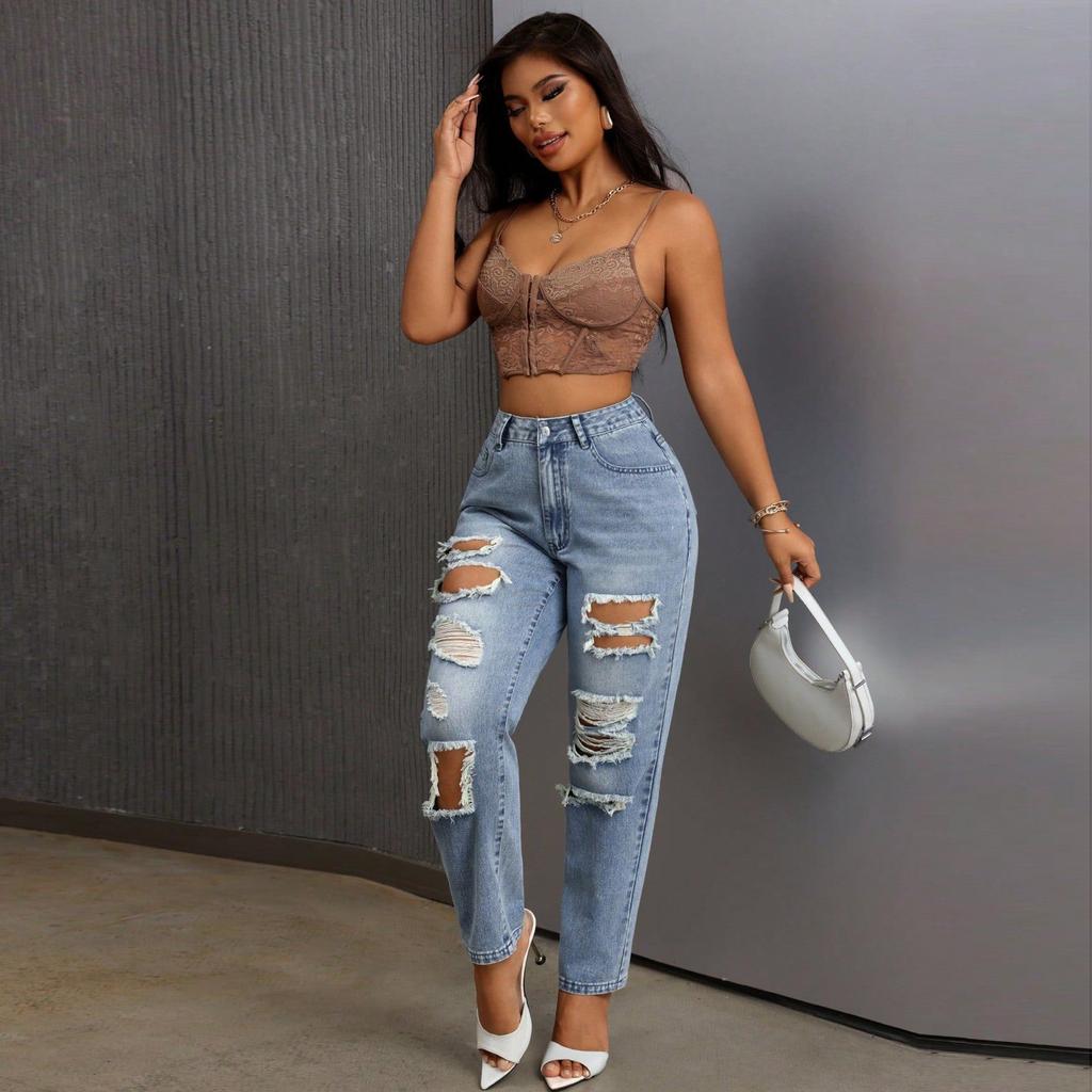 Women's Fashionable Casual Micro Flared With Frayed Edges And Double Button Jeans