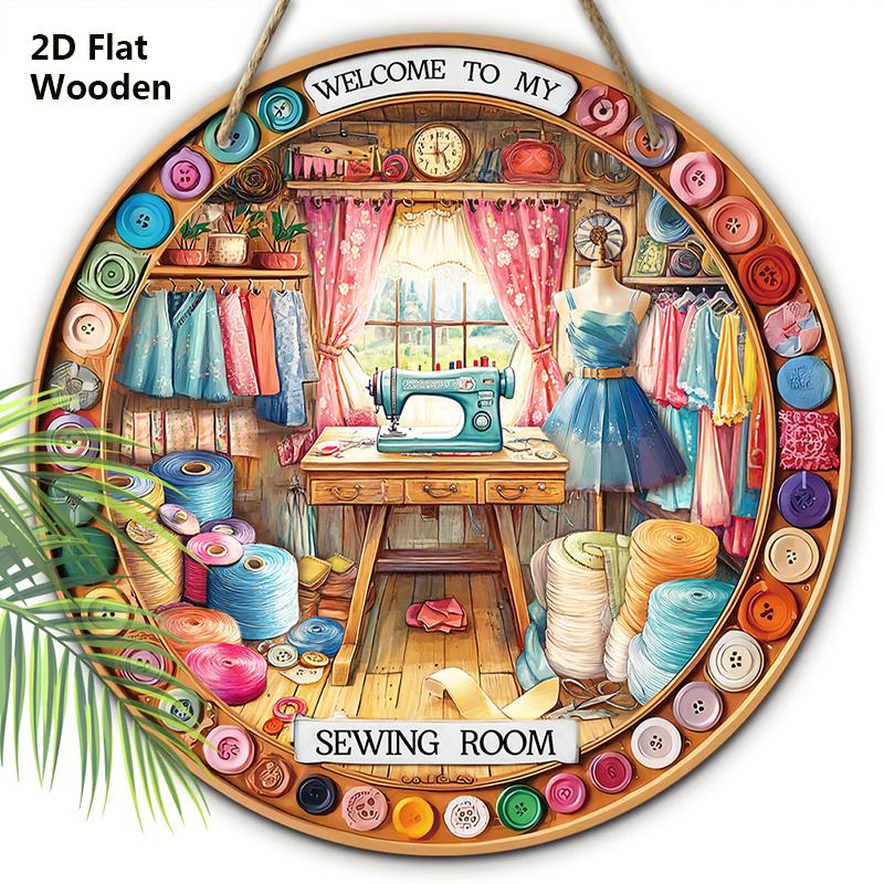 

Oil Painting Style Sewing Workshop Creative Welcome To My Sewing Room Round Sign for Door Wall Hanging Decor Ideal Home Hanging Ornament 20cm/7.87in