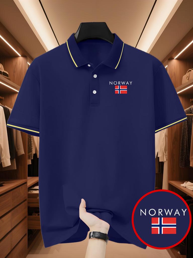 Men's Outdoor Golf Polo Shirt with Norwegian Pattern Print, Simple Polo Shirt, Business Casual T-Shirt - Short Sleeve & Collar, Daily Casual Wear