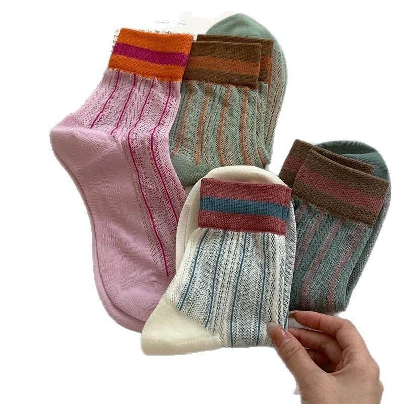 Female Summer Thin Vertical Stripe Striped Mesh Breathable Tube Socks