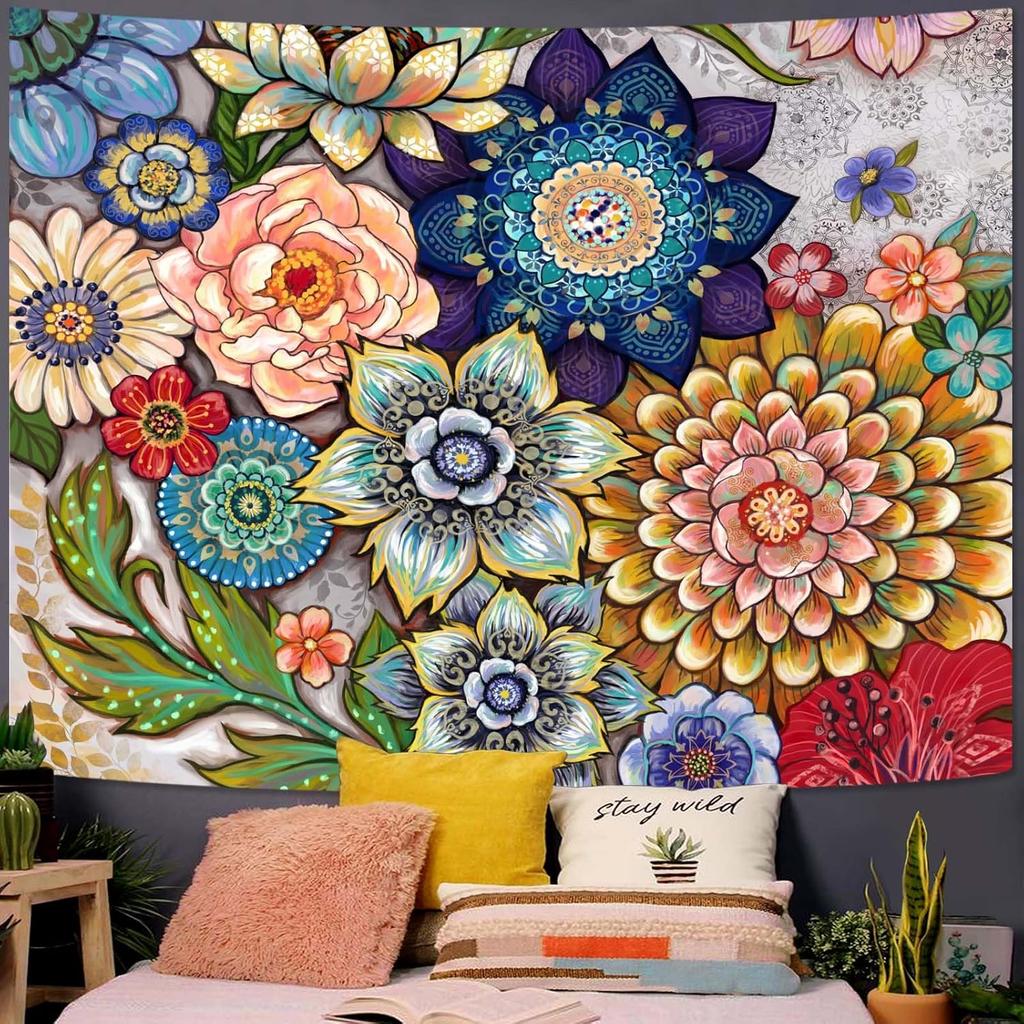 Neasow Colorful Floral Tapestry Wall hanging, Bright Boho Fabric Blossom Tapestries, Multi Color Tapestry for Bedroom Home Hippie Wall Decor 50×60