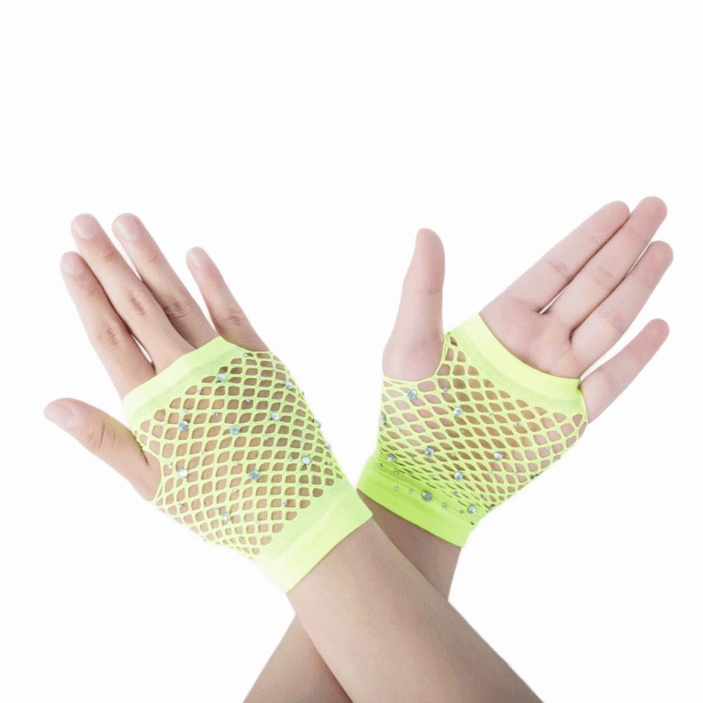 Shiny Rhinestone Gloves Elastic Mesh Lace Gloves Party Long Gloves Dance Wear Short Yellow