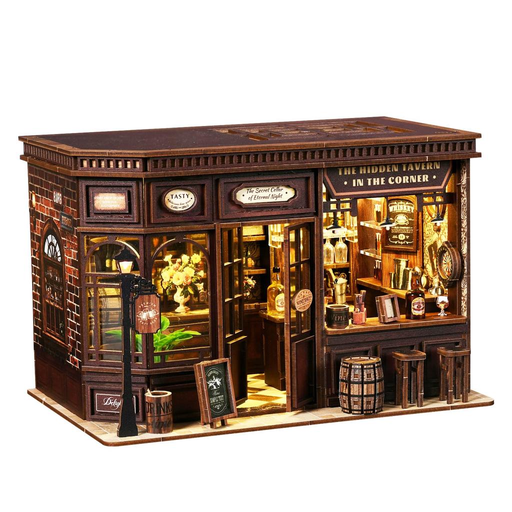 QmXCyzl DIY Dollhouse Miniature Kit for Beginners, Furniture, Room Decoration, 3D Hobby, Architectural Model, Dust Cover Not Included (Corner Tavern)