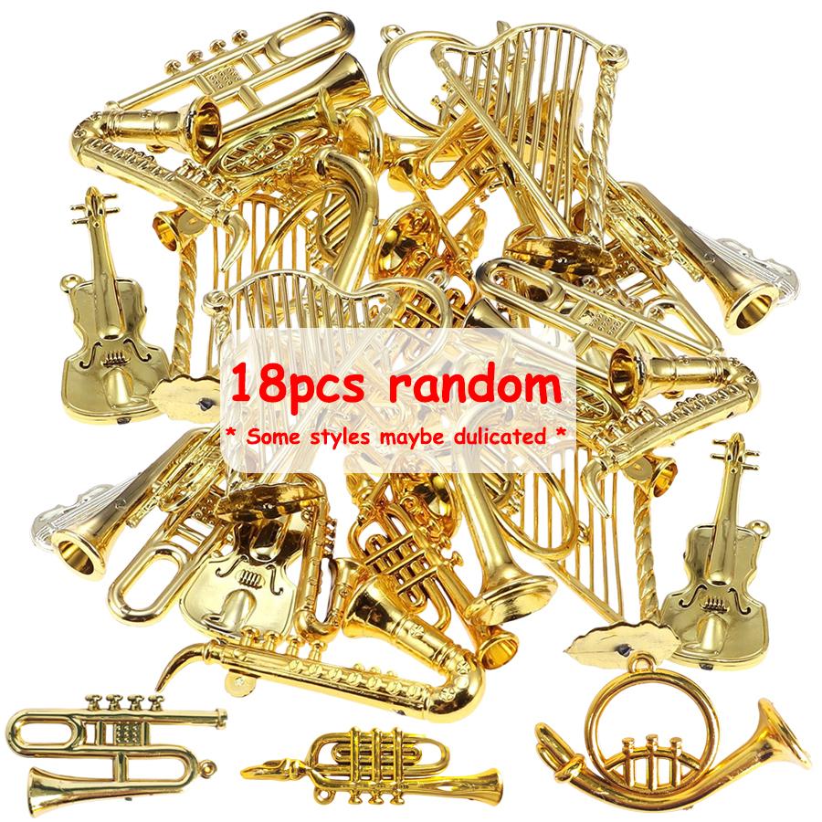 9/18pcs Mini Golden Musical Instrument Ornaments 2-7cm Miniature Guitar Violin Horn Saxophone Dollhouse Decor Desktop Display